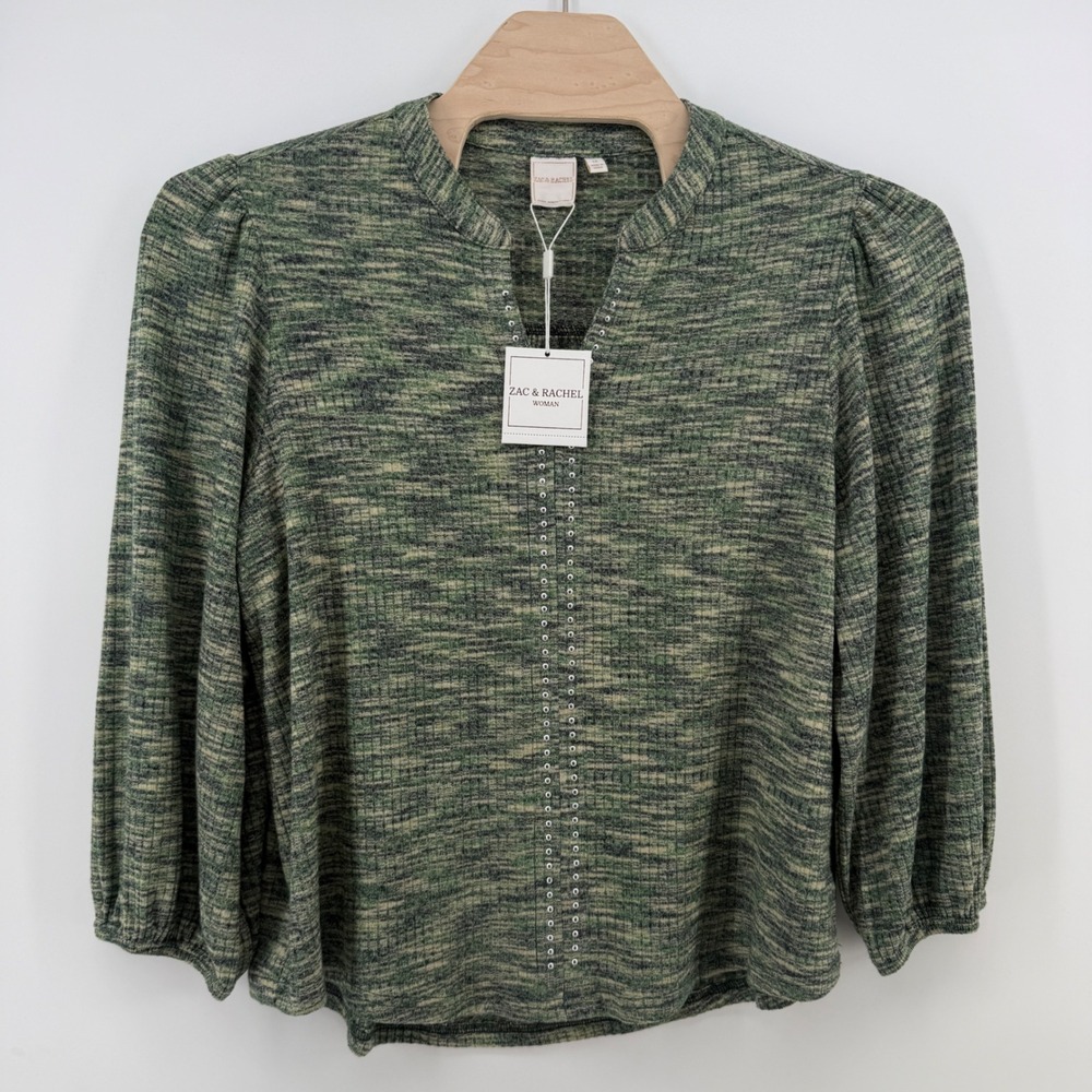 Zac & Rachel Woman Green Space Dye Grommet Split Neck Top 1X NWT